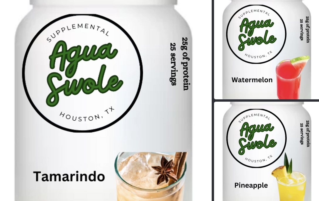 Agua Swole white bottles with various colored liquids in glasses labeled on the bottles with different flavors