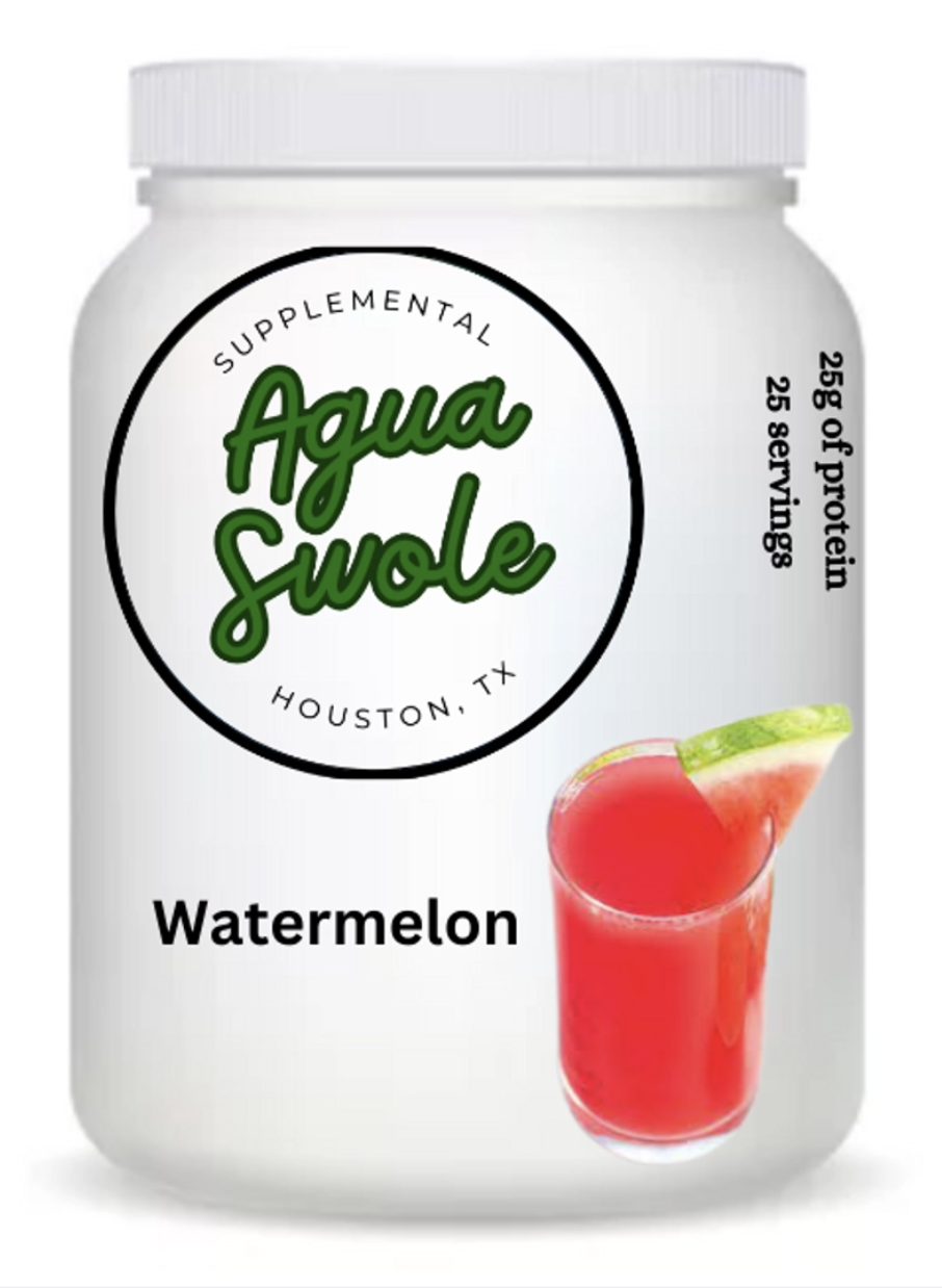 Agua Swole white bottle with picture of red liquid in glass labeled as watermelon